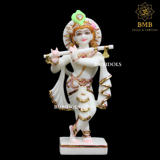 White Marble Krishna Statue in 12inches with Flute in Hands