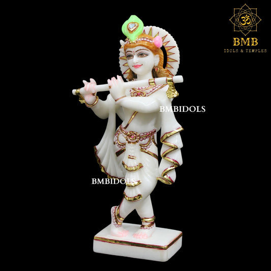 White Marble Krishna Statue in 12inches with Flute in Hands