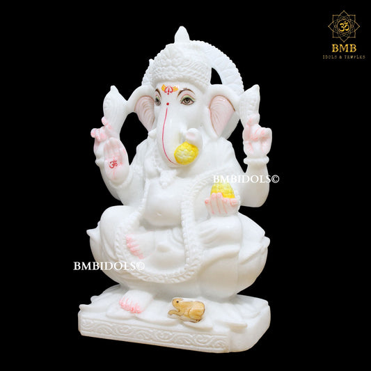 White Marble Ganesh Statue made Sitting on Lotus in 15inches