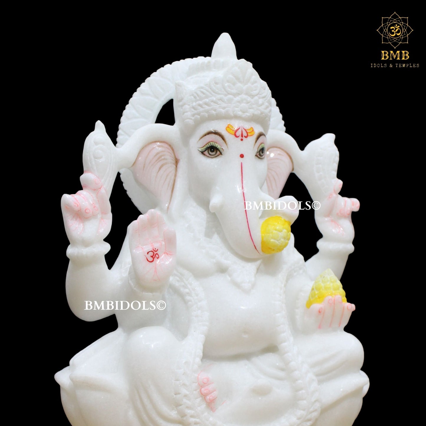 White Marble Ganesh Statue made Sitting on Lotus in 15inches