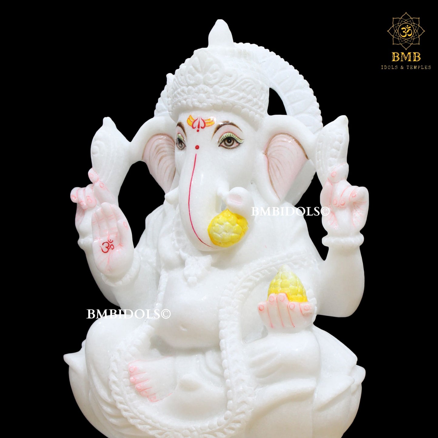 White Marble Ganesh Statue made Sitting on Lotus in 15inches