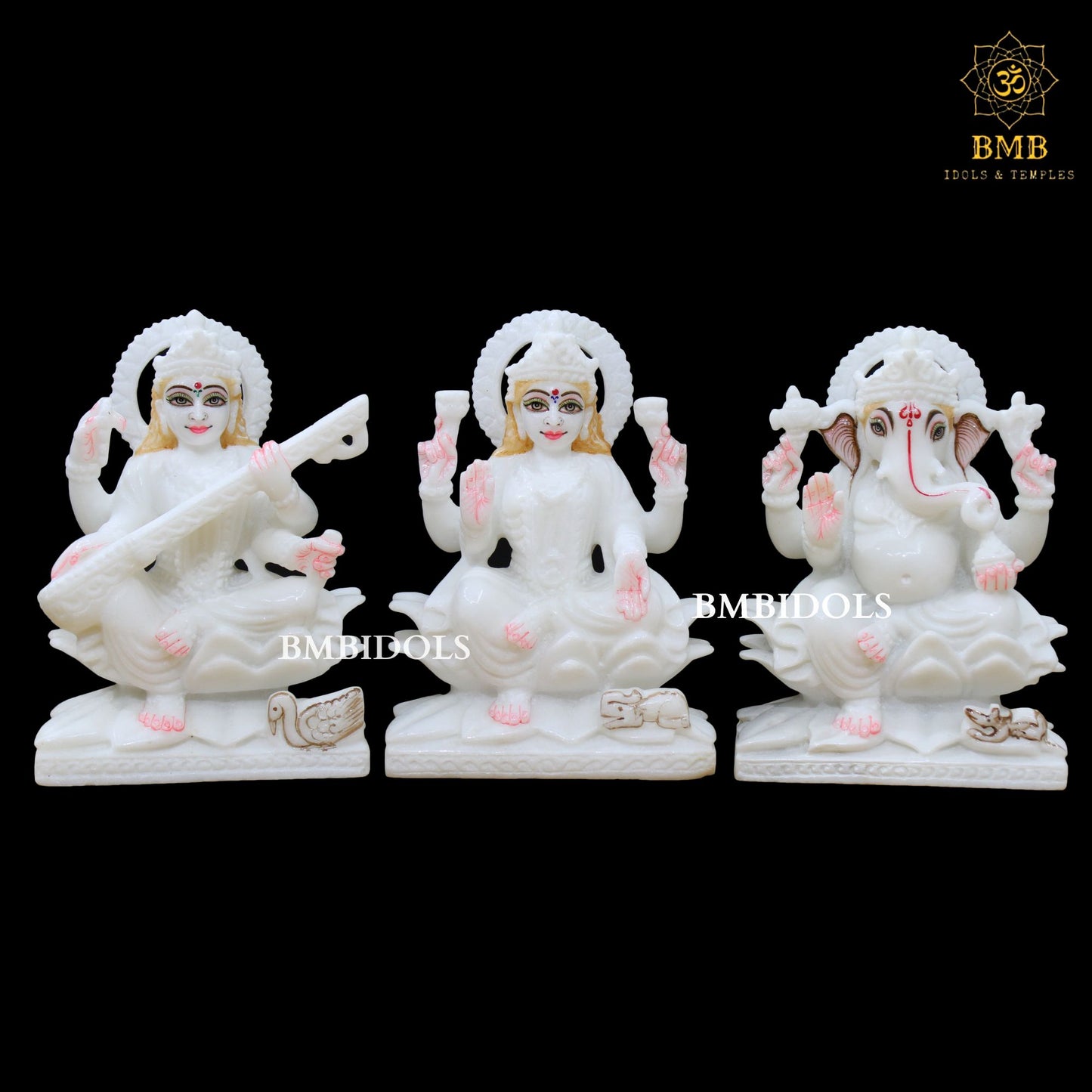 Marble Ganesh Lakshmi Saraswati Statue for Homes and Temple in White Marble