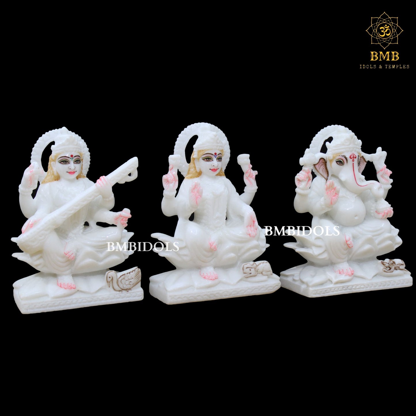 Marble Ganesh Lakshmi Saraswati Statue for Homes and Temple in White Marble