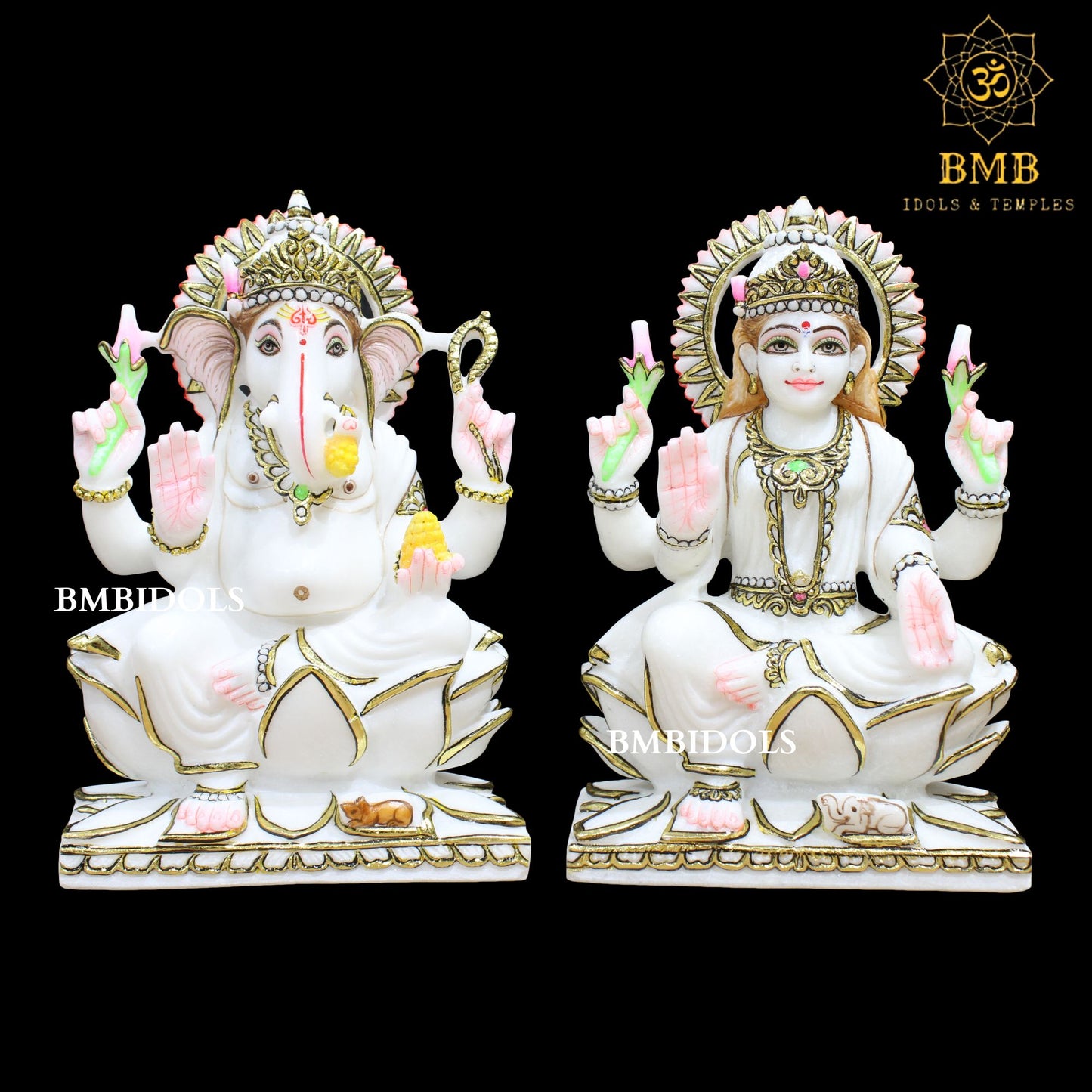 Marble Ganesh Lakshmi Statue sitting on Lotus Makrana Marble