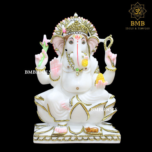 Lotus Marble Ganesh Statue Left Trunk with Four Hands in 12inch