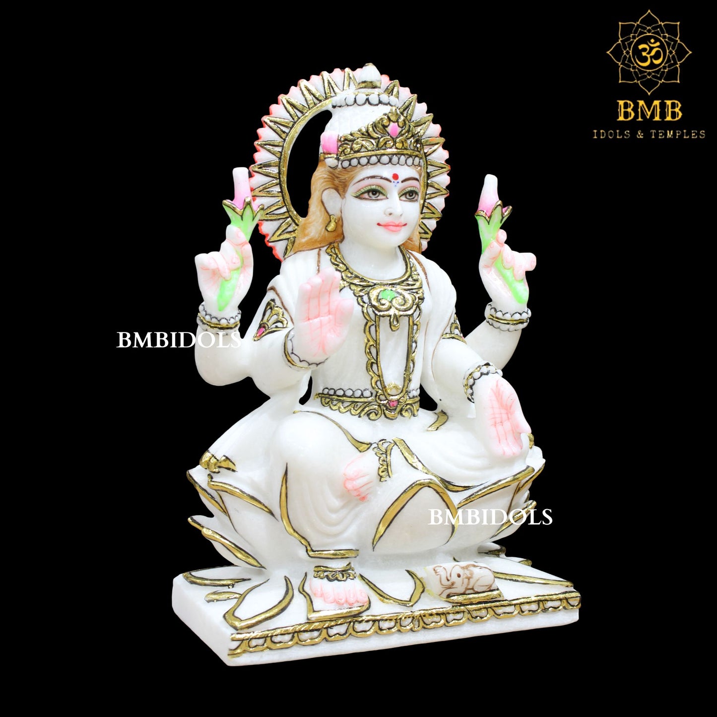 Lotus Marble Lakshmi Mata Statue with Four Hands in 12inches