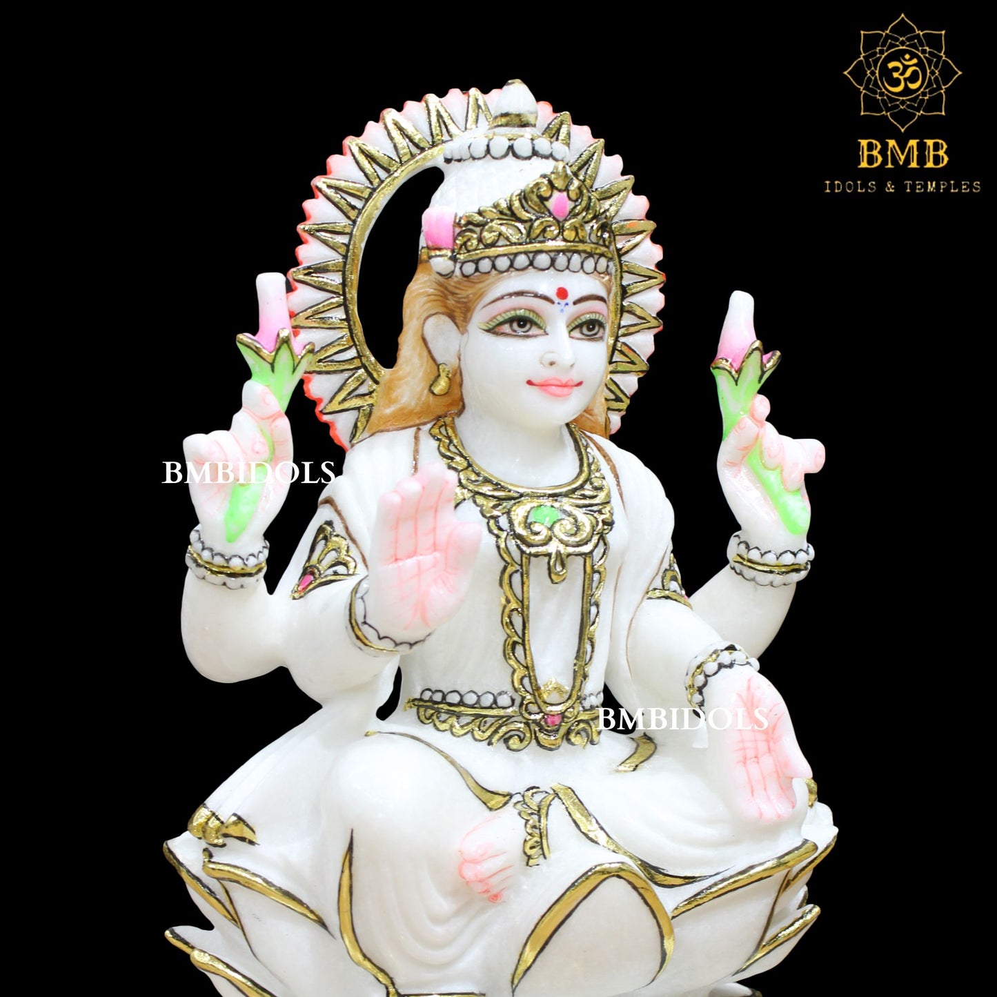 Marble Ganesh Lakshmi Statue sitting on Lotus Makrana Marble