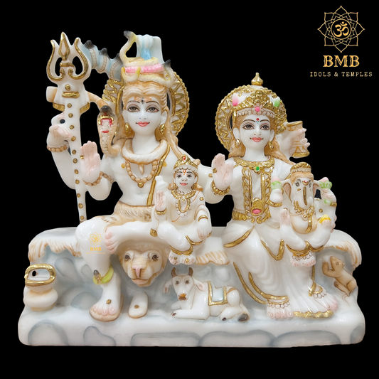 Marble Shiv Parivar Statue made in 11 inches with Ganesh ji and Murugan Ji sitting