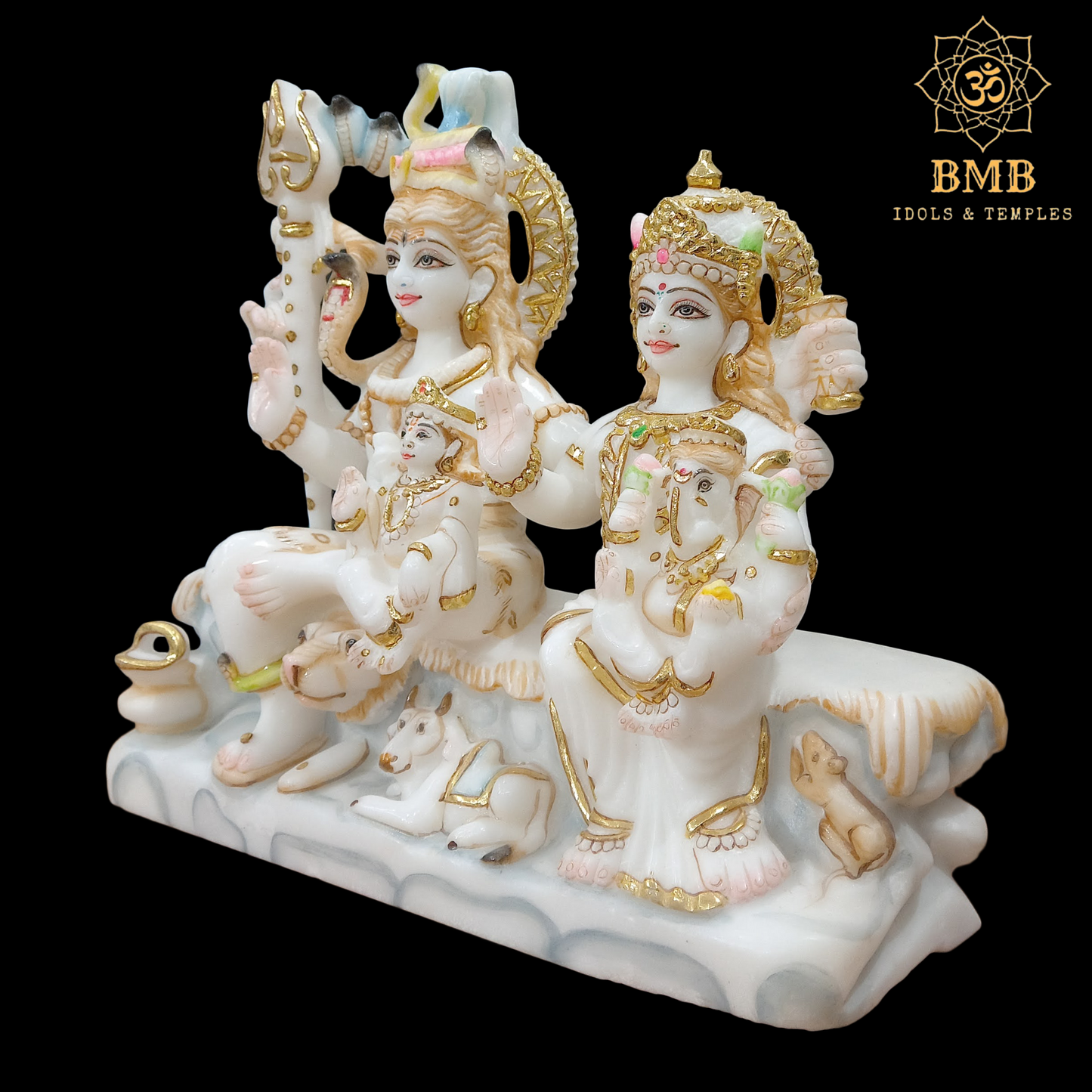 Marble Shiv Parivar Statue made in 11 inches with Ganesh ji and Murugan Ji sitting
