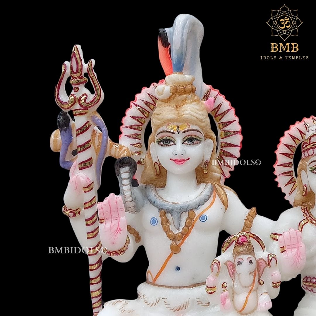 Makrana Marble Shiv Parivar Murti with Ganesh and Kartikeya in 9inch