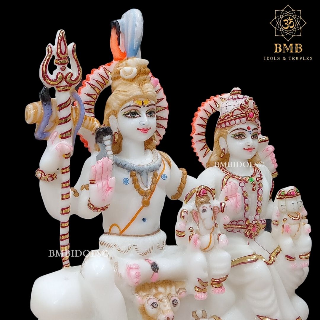 Makrana Marble Shiv Parivar Murti with Ganesh and Kartikeya in 9inch