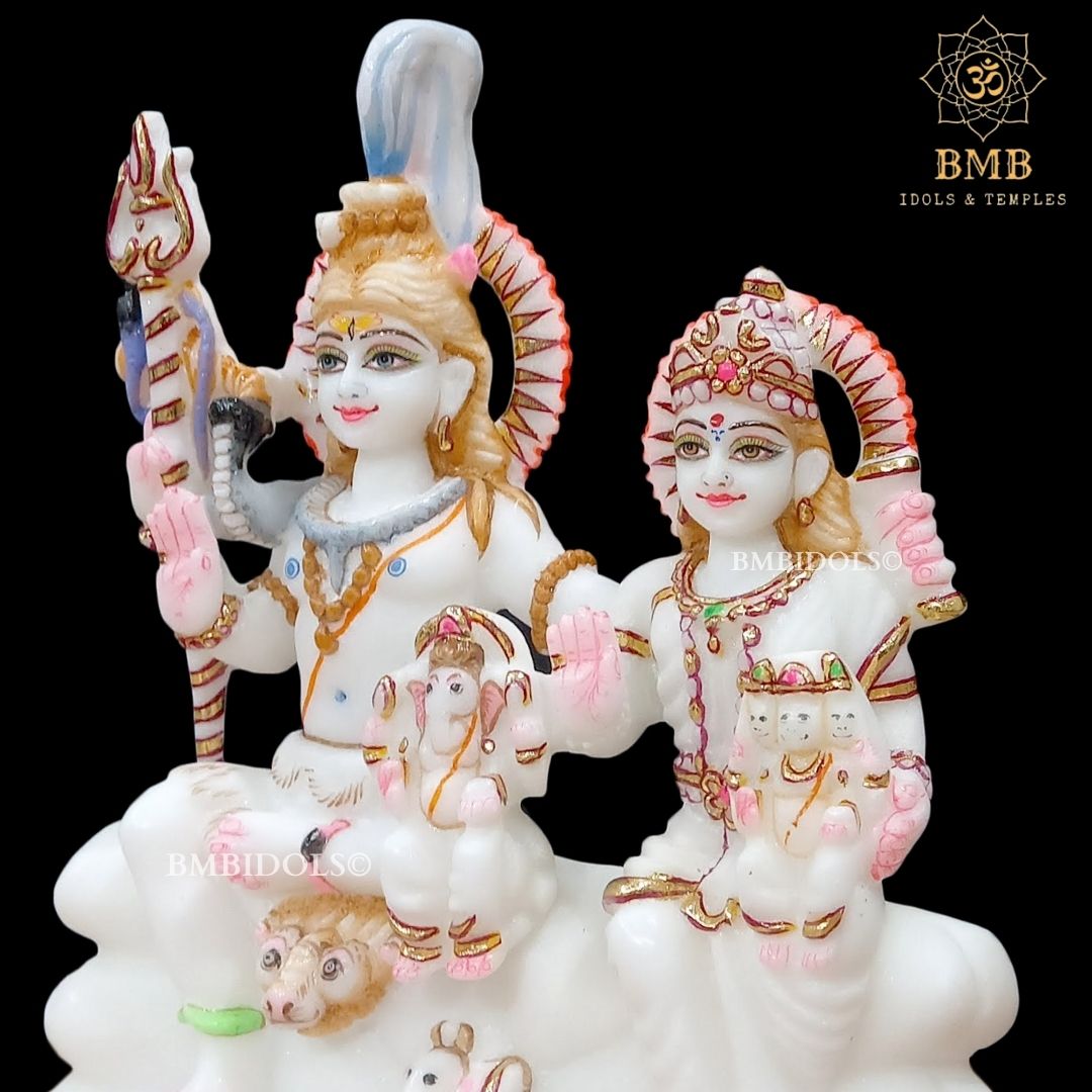 Makrana Marble Shiv Parivar Murti with Ganesh and Kartikeya in 9inch