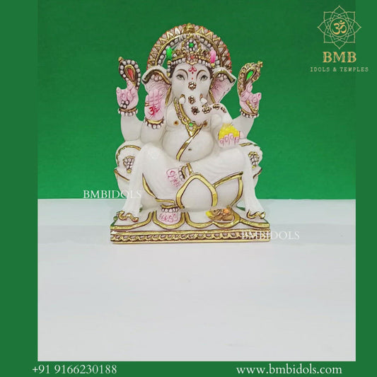 Marble Ganesh Idol made in Makrana Marble in 9inches for Home and Temples