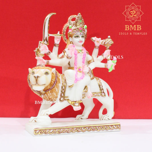 Marble Durga Murti with eight hands sitting on the Lion in Small Size