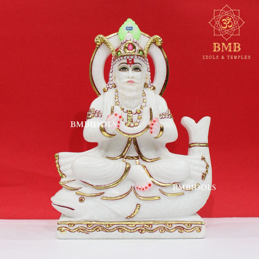 Marble Jhulelal Bhagwan Murti in White Makrana Marble in 12inches