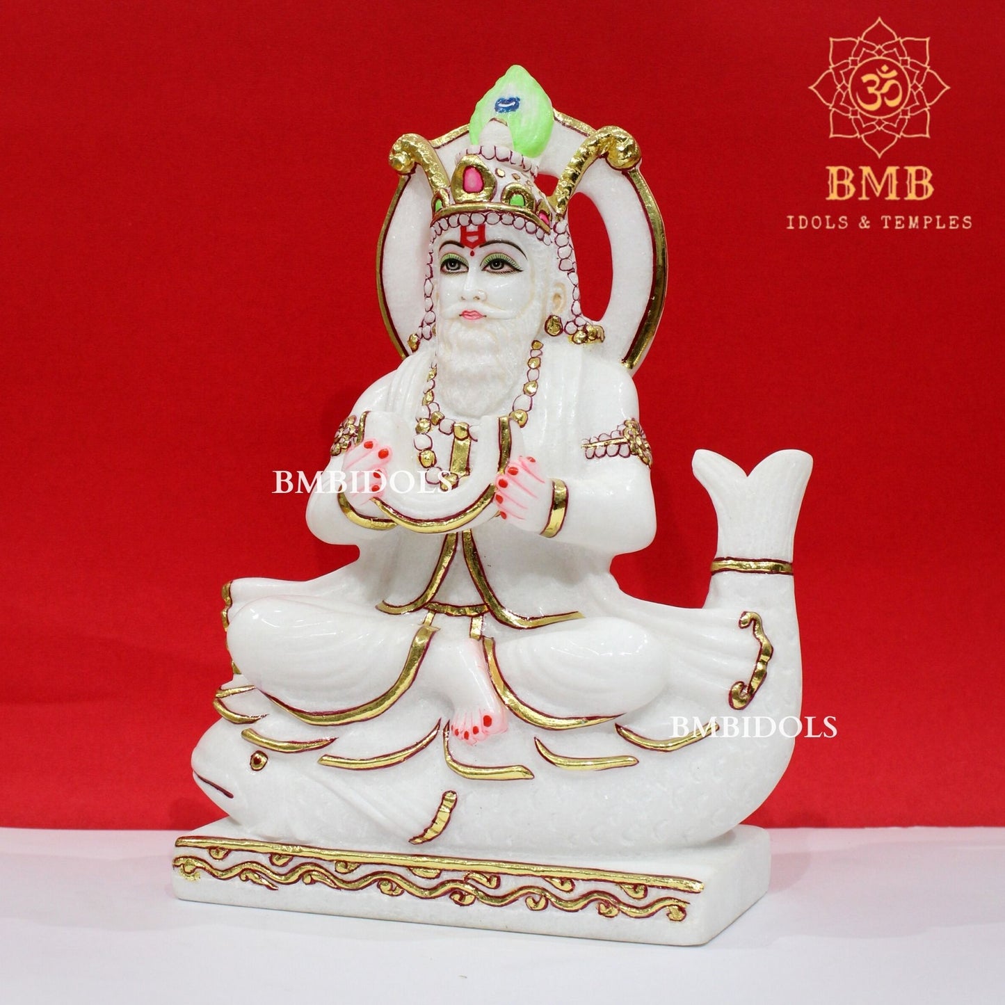 Marble Jhulelal Bhagwan Murti in White Makrana Marble in 12inches