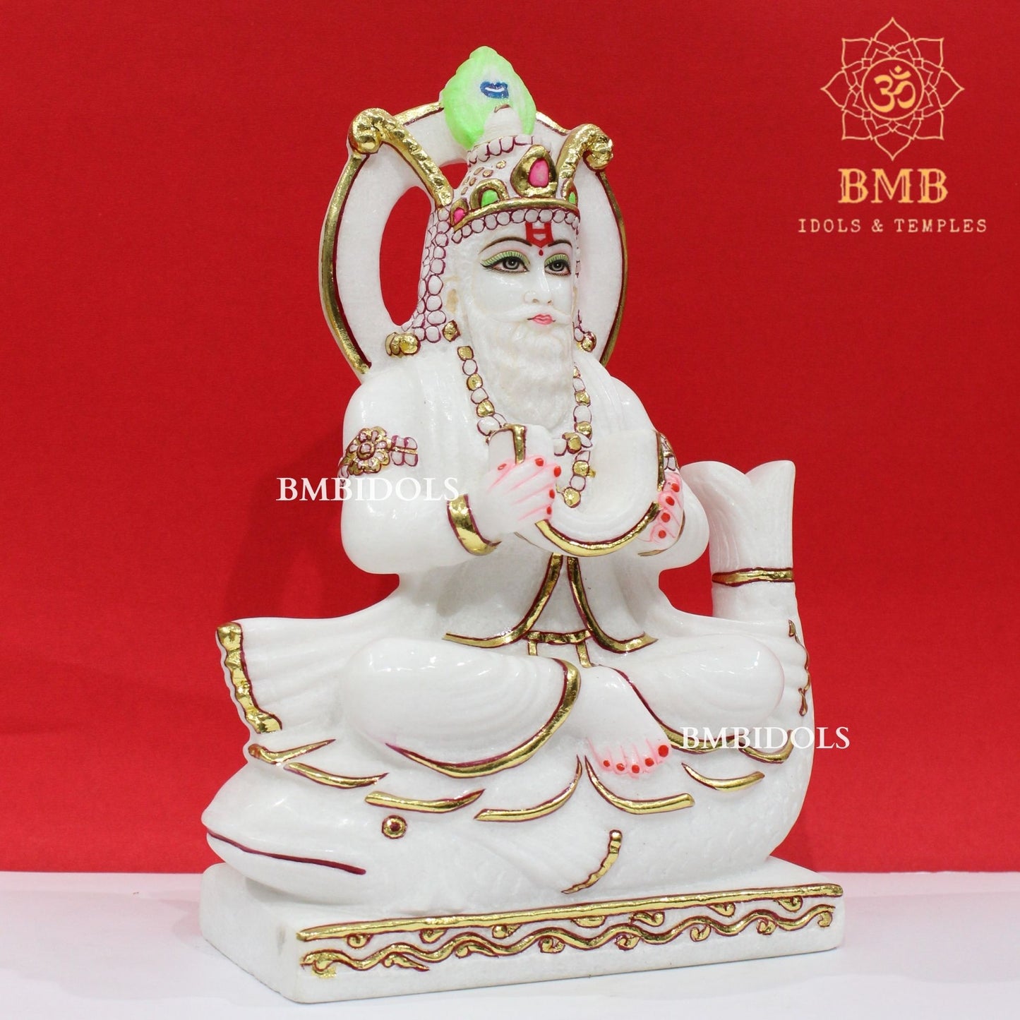 Marble Jhulelal Bhagwan Murti in White Makrana Marble in 12inches