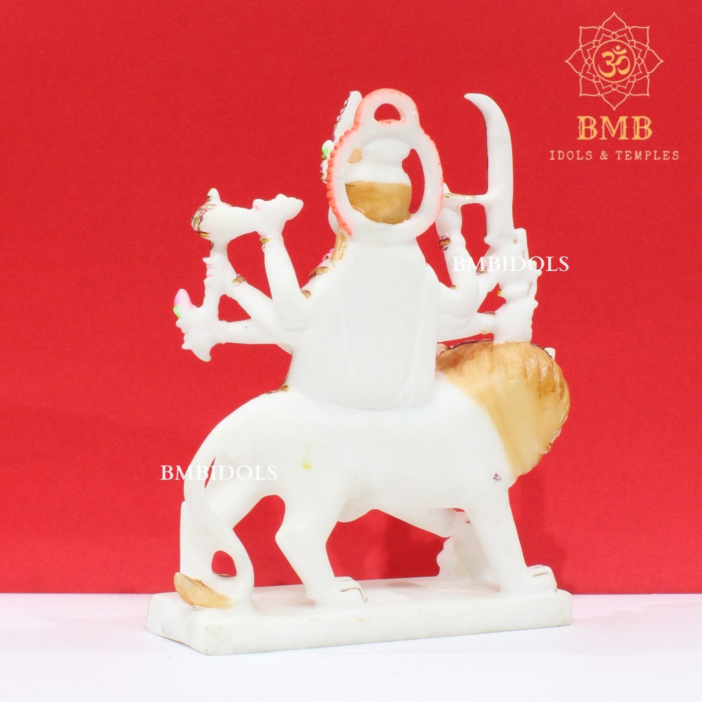 Marble Durga Murti with eight hands sitting on the Lion in Small Size