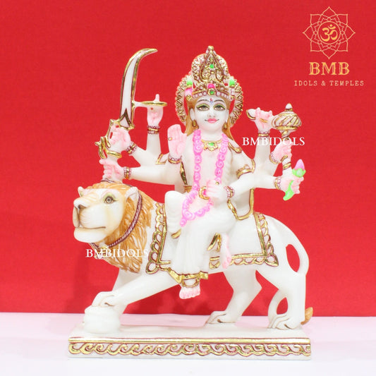 Marble Durga Murti with eight hands sitting on the Lion in Small Size