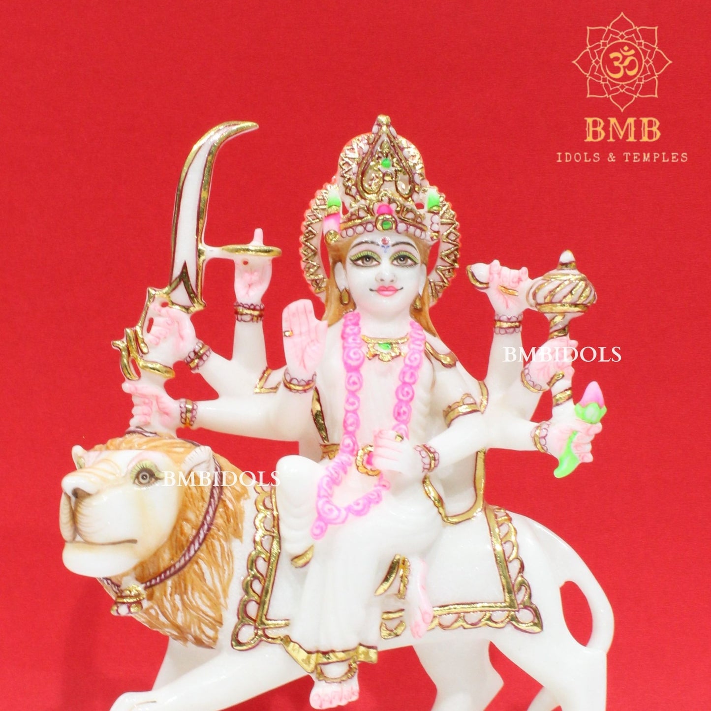 Marble Durga Murti with eight hands sitting on the Lion in Small Size