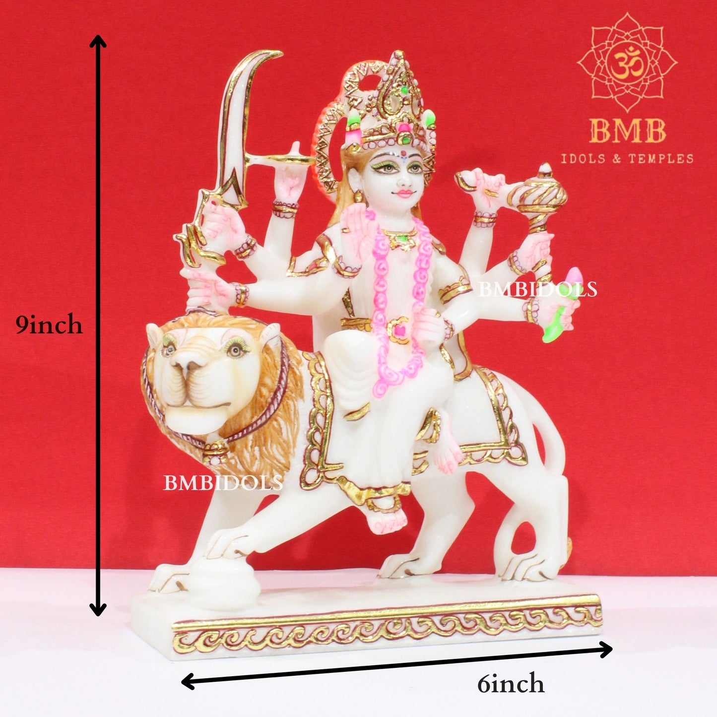Marble Durga Murti with eight hands sitting on the Lion in Small Size