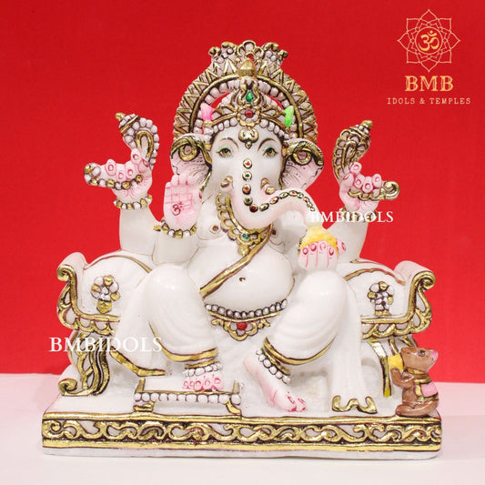 Marble Ganesh Murti sitting on Chowki made in Makrana Marble