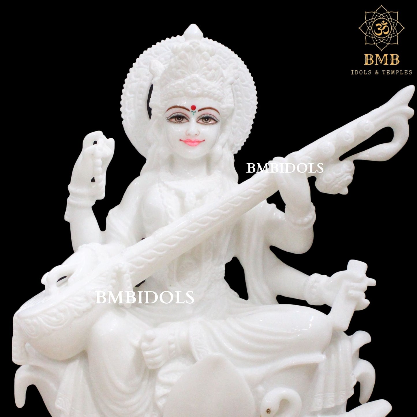 White Makrana Marble Saraswati Statue in 18inches for Home and Temple