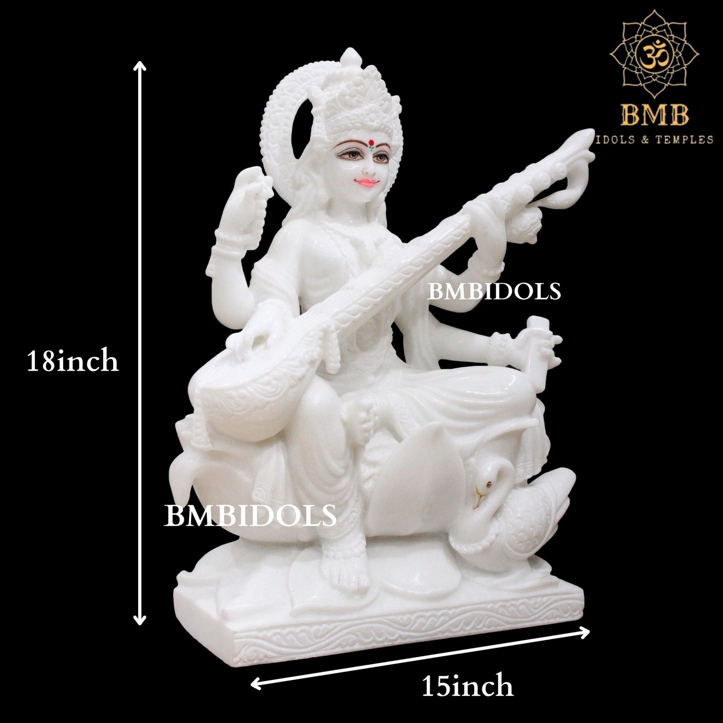 White Makrana Marble Saraswati Statue in 18inches for Home and Temple