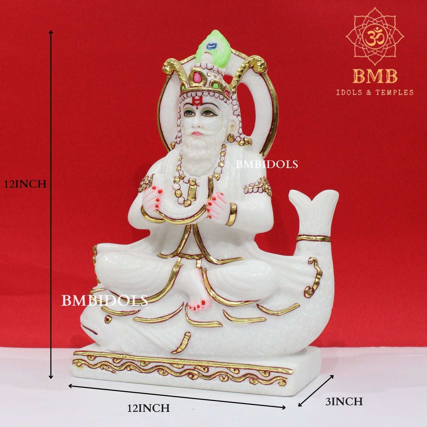 Marble Jhulelal Bhagwan Murti in White Makrana Marble in 12inches