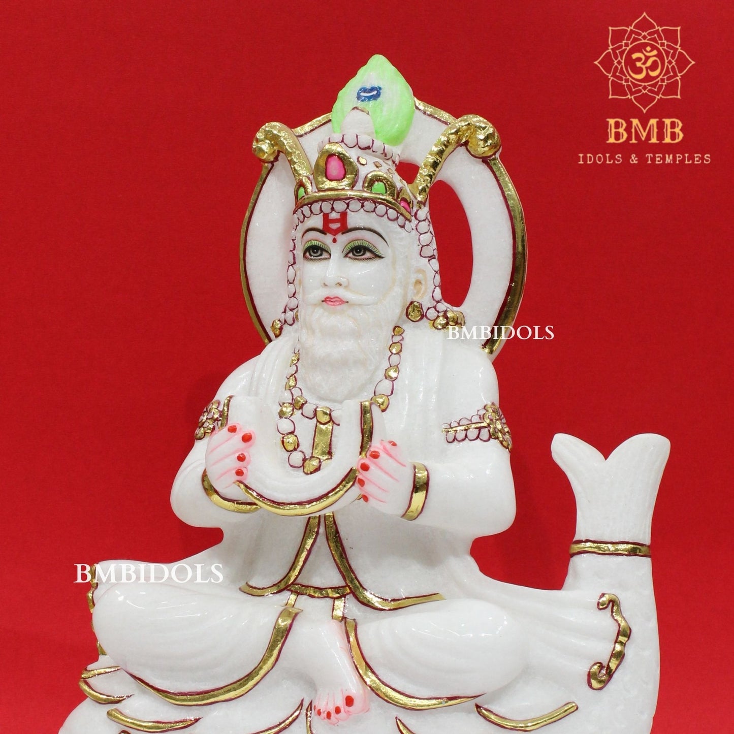 Marble Jhulelal Bhagwan Murti in White Makrana Marble in 12inches