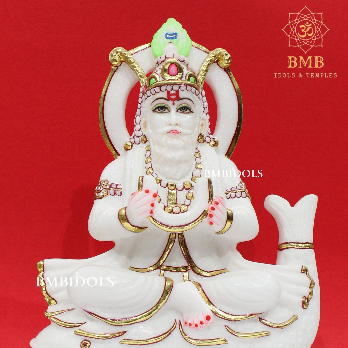 Marble Jhulelal Bhagwan Murti in White Makrana Marble in 12inches