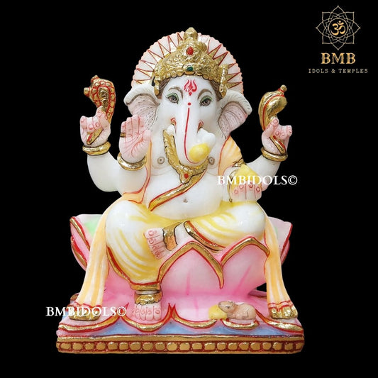Marble Ganesh Statue for Home Temples in 9inches sitting on Lotus