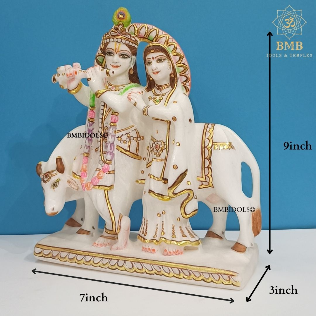 Marble Radha Krishna Statue with Cow made in Makrana Marble in 9inches