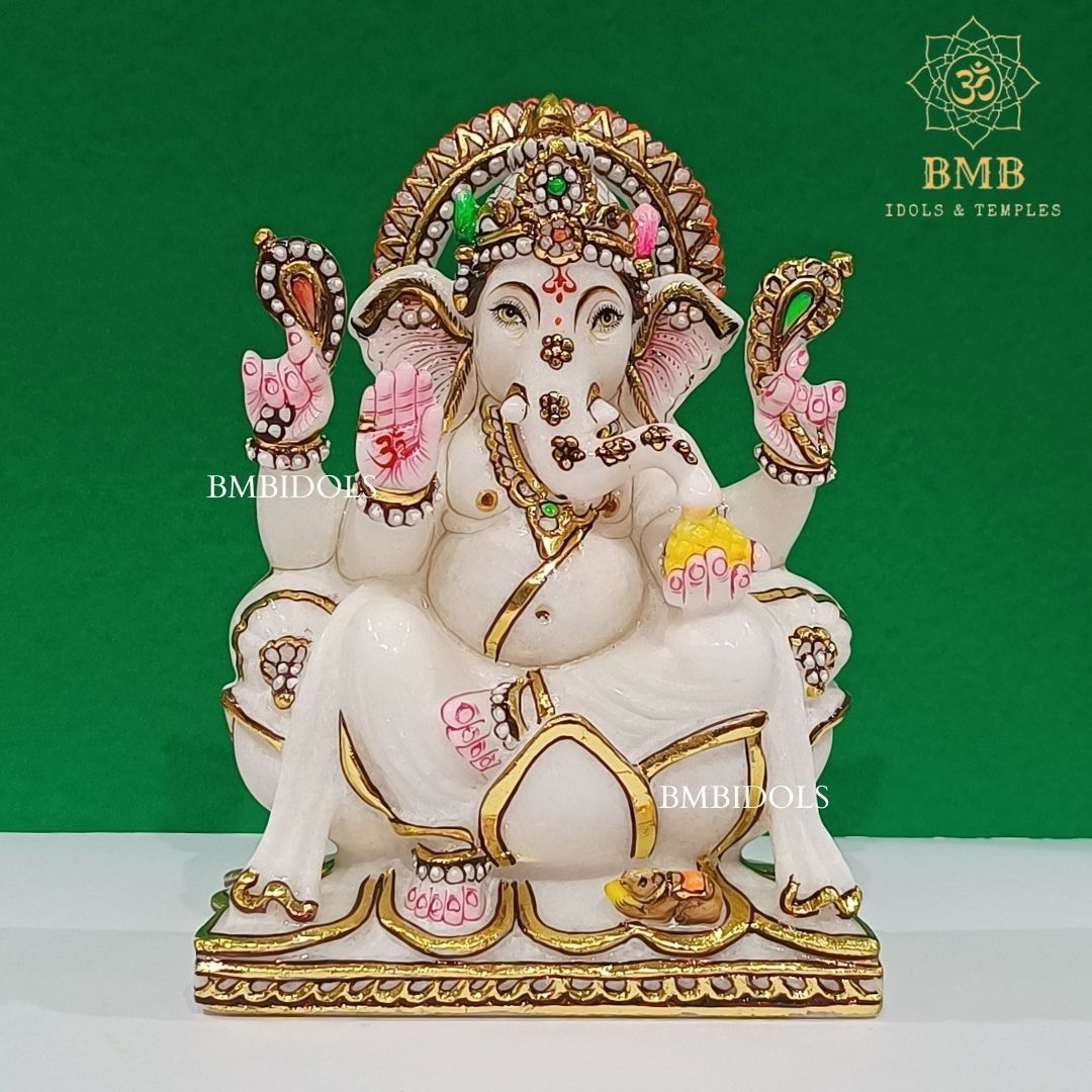 Marble Ganesh Idol made in Makrana Marble in 9inches for Home and Temples