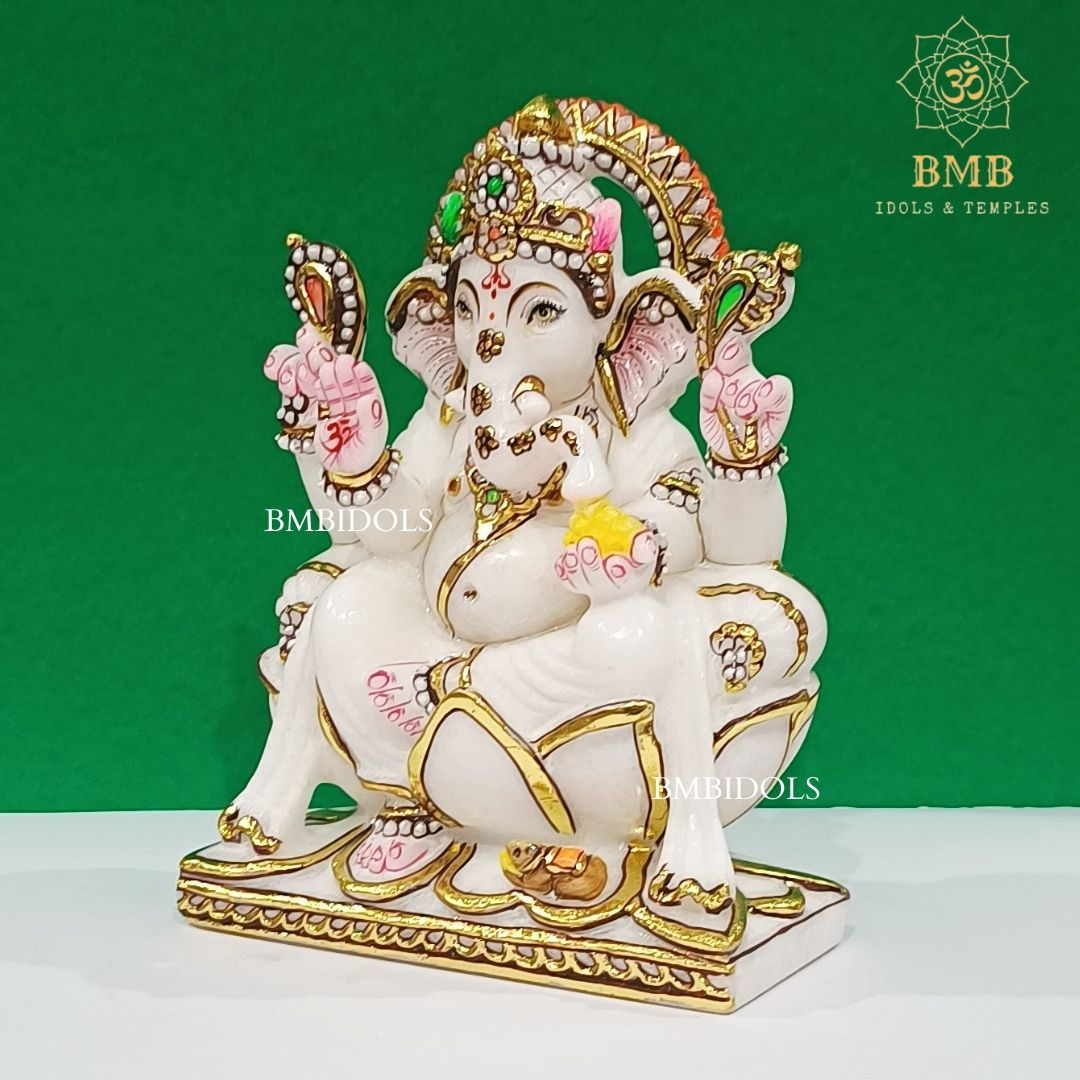 Marble Ganesh Idol made in Makrana Marble in 9inches for Home and Temples