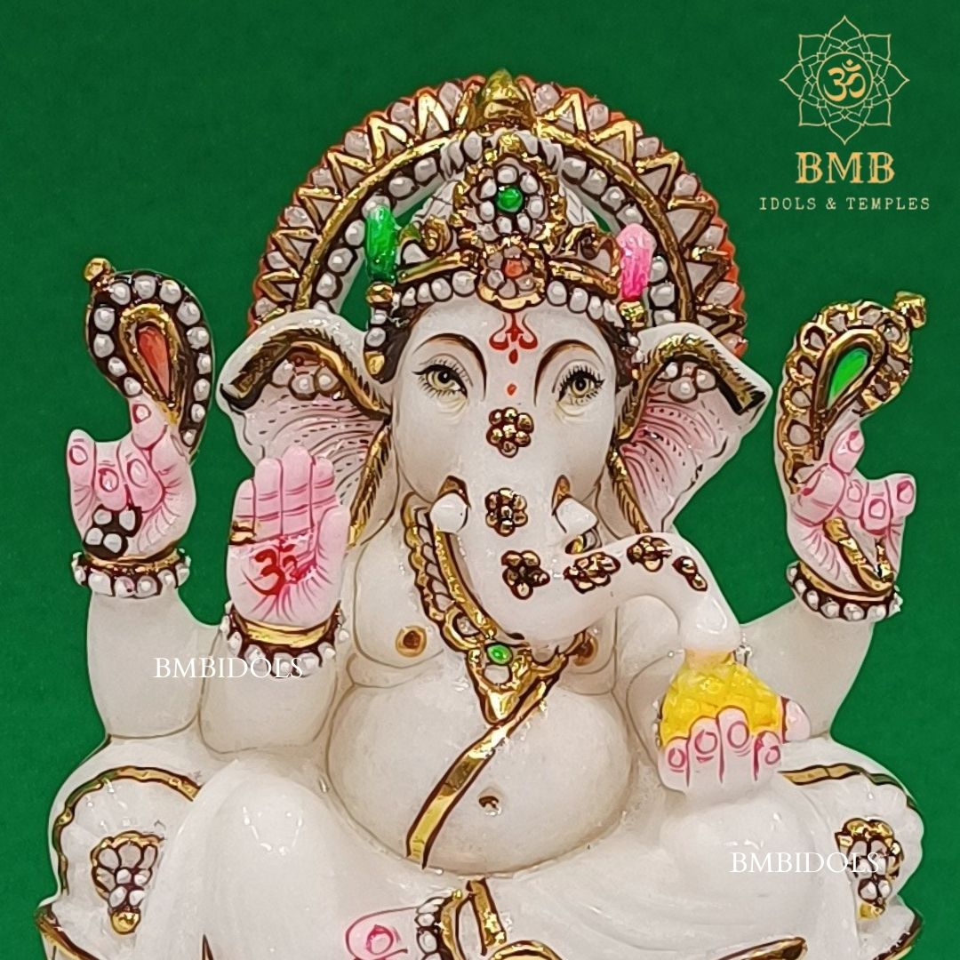 Marble Ganesh Idol made in Makrana Marble in 9inches for Home and Temples