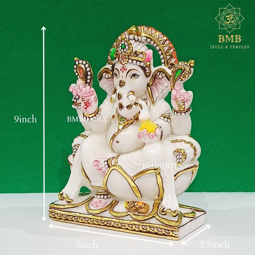 Marble Ganesh Idol made in Makrana Marble in 9inches for Home and Temples