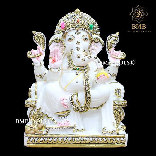 White Makrana Marble Ganesha Statue in 15inches with golwork