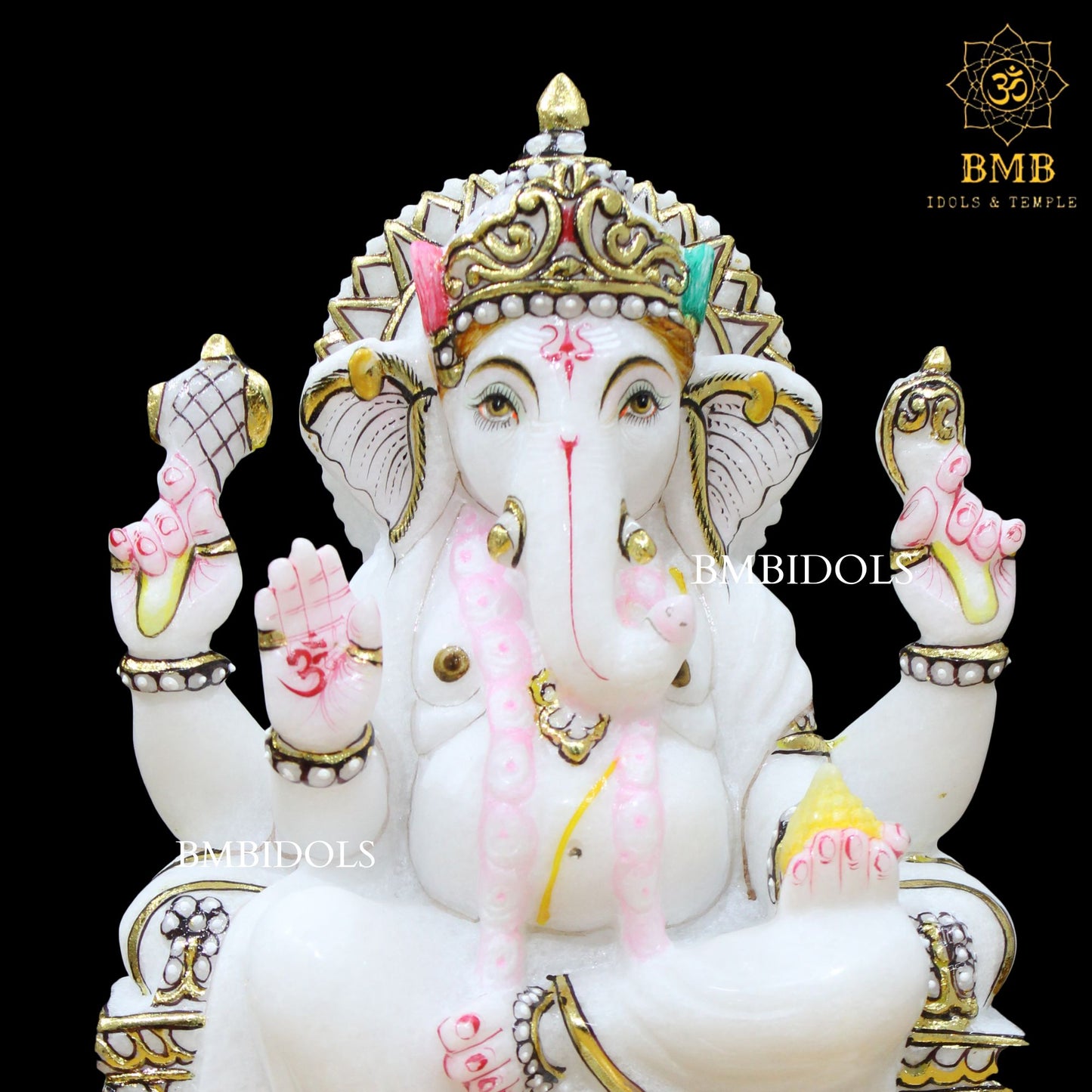 White Marble Ganesh Statue with Left Trunk in 12inches