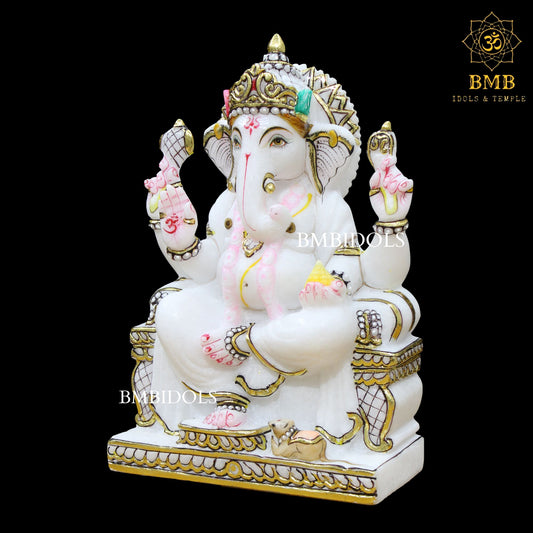 White Marble Ganesh Statue with Left Trunk in 12inches