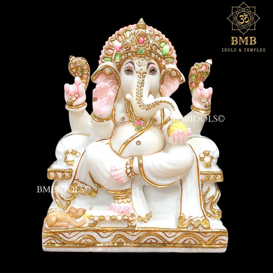 Marble Ganesh Statue Sitting on the Chowki made in White Marble in 9inch