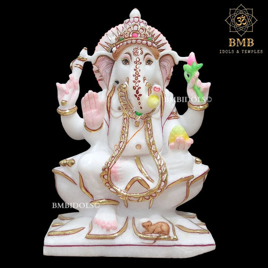 Marble Ganesh Statue sitting on Lotus Flower made in Vietnam Marble in 12inch