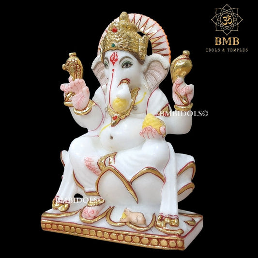 Marble Ganesh Idol made in Makrana Marble Sitting on lotus in 9inches