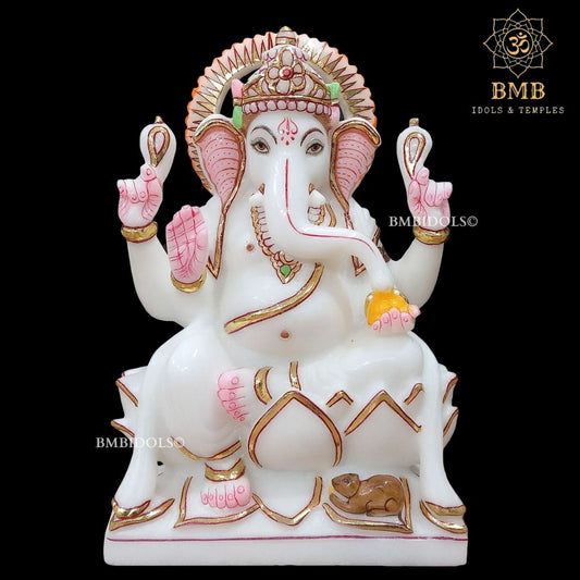 White Marble Ganesha Murti Sitting On the Lotus ashirwad Posture in 9inch