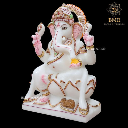 White Marble Ganesha Murti Sitting On the Lotus ashirwad Posture in 9inch