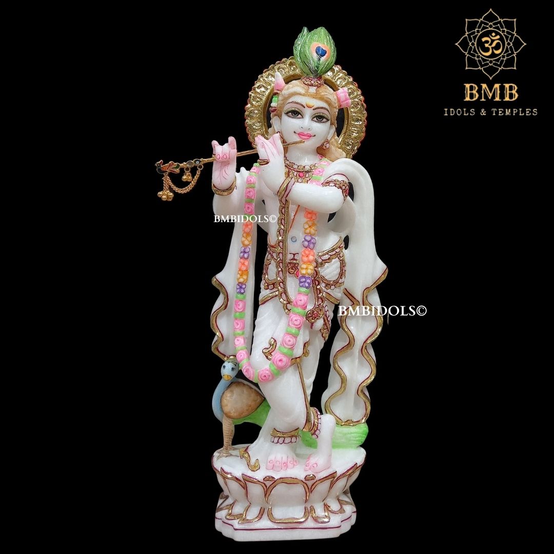 Marble Radha Krishna Murti Standing on Lotus Flower made in 15inches