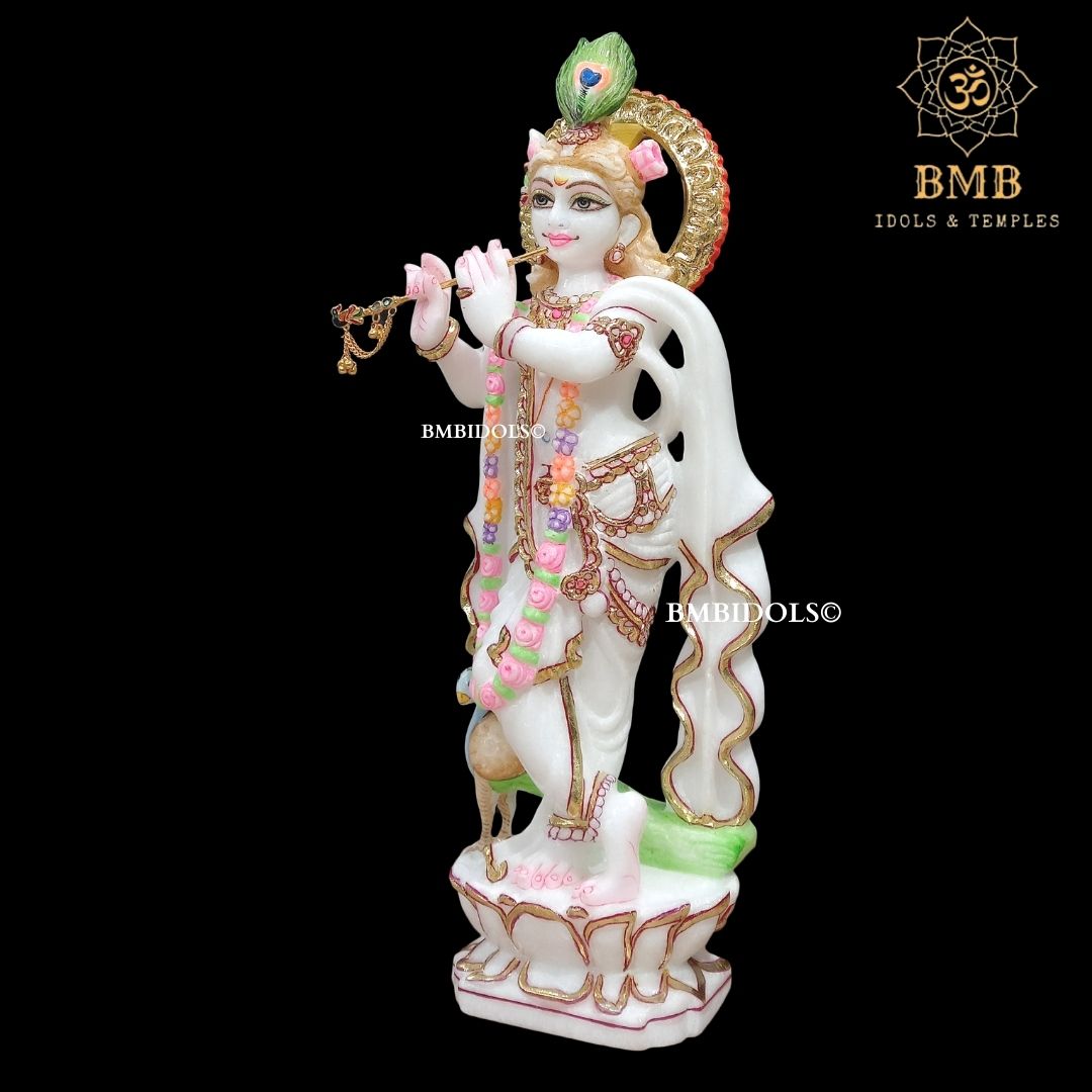Marble Radha Krishna Murti Standing on Lotus Flower made in 15inches