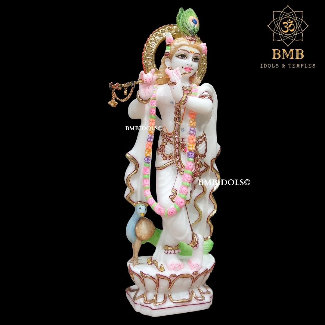 Marble Radha Krishna Murti Standing on Lotus Flower made in 15inches