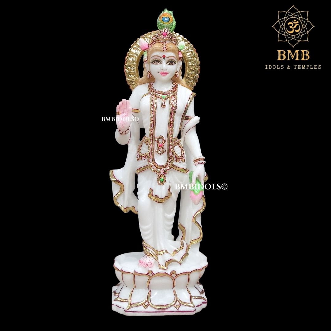Marble Radha Krishna Murti Standing on Lotus Flower made in 15inches