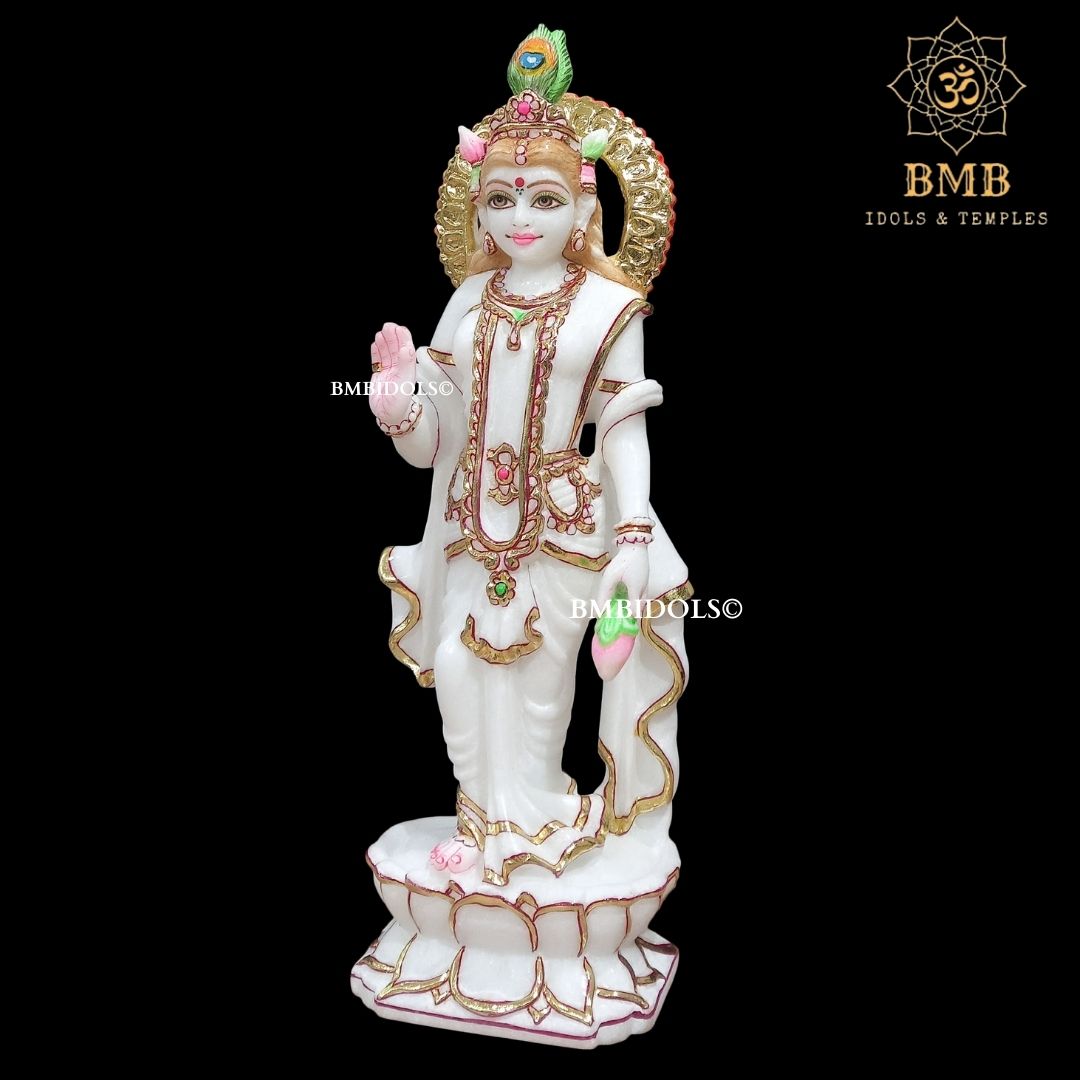 Marble Radha Krishna Murti Standing on Lotus Flower made in 15inches